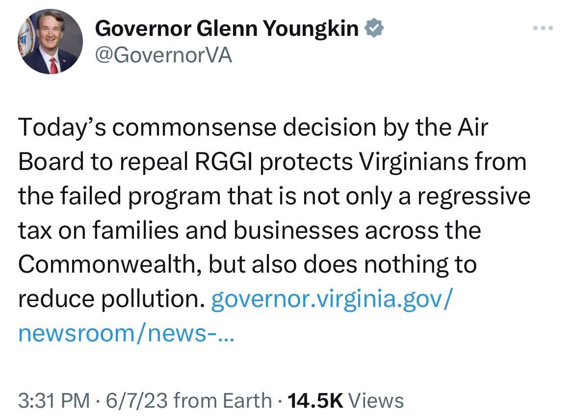 LCVoters's tweet image. BREAKING: Virginia Gov. Youngkin (R) has withdrawn the state from the Regional Greenhouse Gas Initiative, which targets carbon emissions from power plants. 

Impeccable timing on a day where the East Coast is enveloped in smoke from Canadian wildfires.

Absolutely shameful.