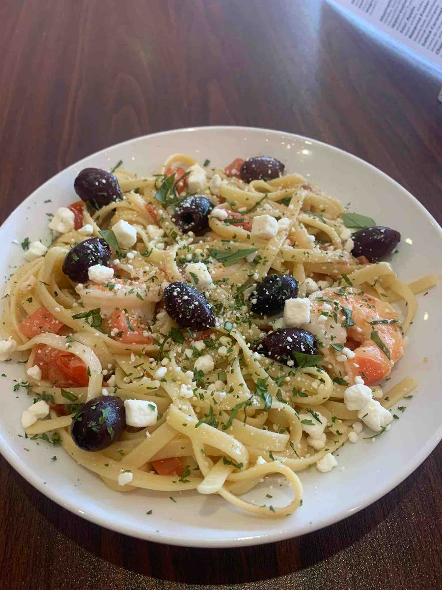 Our special this week is Mediterranean Pasta! A light dish for the warmer weather ahead. Shrimp, Kalamata olives, fresh basil, lemon and feta. Come try it this week! #gologreenville #wintervillenc #LocalIsBetter #pasta #datenight #dinelocal