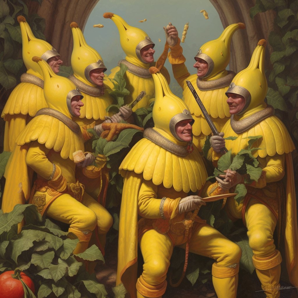 Gresshelm's tweet photo. The Banana Knights are at it again #Midjourney #AIart https://t.co/clvfyl4Ry4