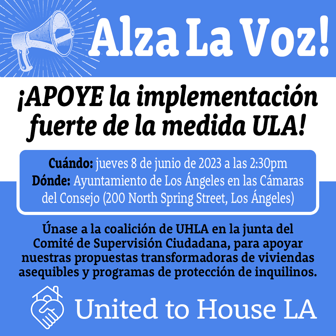 Speak up and Share! We want to see strong Measure ULA implementation. Join us tomorrow at 2:30pm at City Hall for the second Citizen Oversight Committee for Measure ULA. Talking points will be available for advocates!