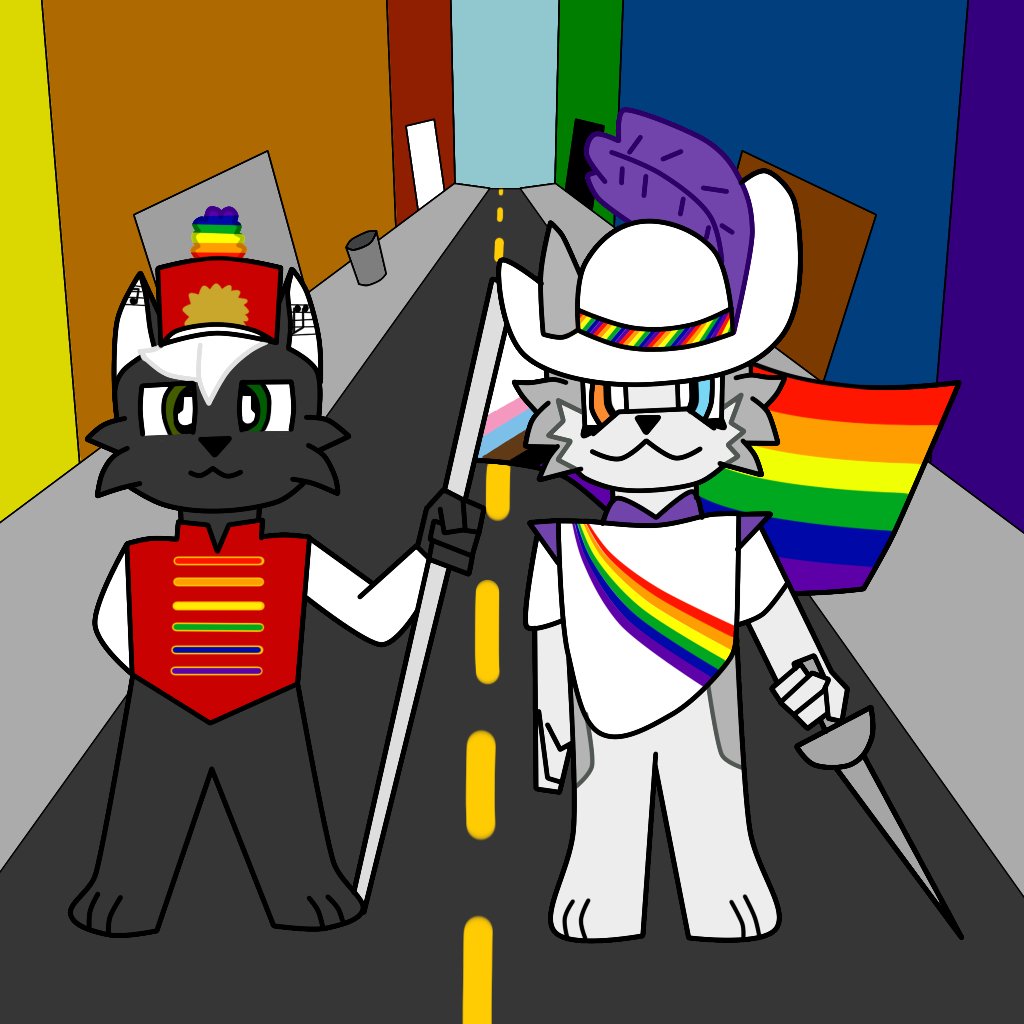 Gay pride marching band uniforms! I guess these two rascals wanted to try colorguard for the parade