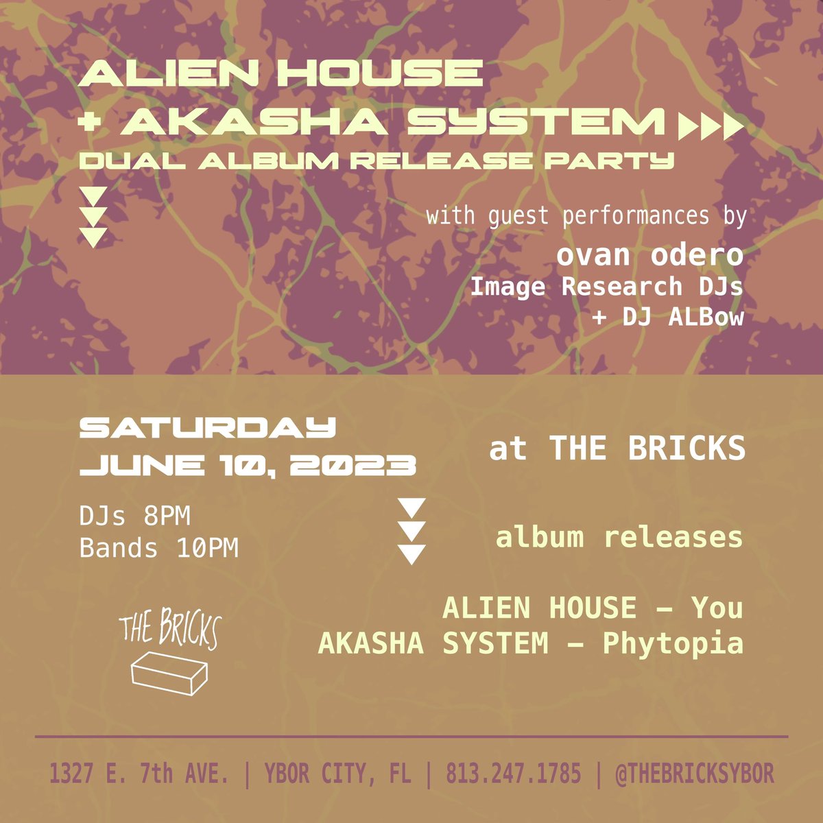 This Saturday at The Bricks in Ybor City. Come celebrate with us and @ssyysstteemmss. DJ set from 8PM-10PM from <a href="/image_research_/">Image Research Records</a> DJs then music starts at 10PM! Free show! facebook.com/events/s/alien… #alienhouse #akashasystem #tampa #imageresearchrecords