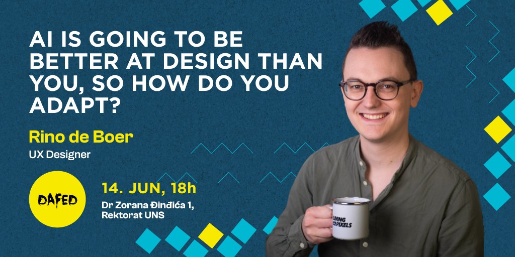Rino de Boer, UX dizajner i YouTuber sa 175k pretplatnika, govoriće o sve naprednijoj ulozi veštačke inteligencije u generisanju vizuelnih elemenata i kako mi, kao dizajneri, da se prilagodimo.

📅 Sreda, 14. jun u 18h

📍Rektorat UNS

👉 Prijave na dafed.org