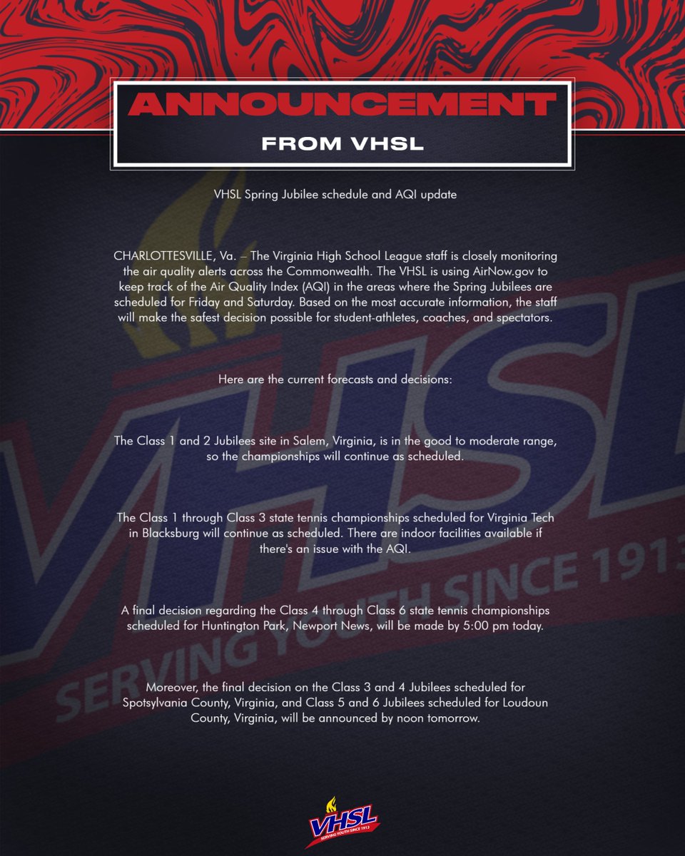 VHSL Athletics on Twitter "VHSL Spring Jubilee schedule and AQI update"