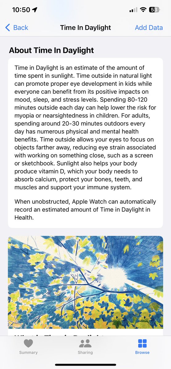 Updated my devices to watchOS 10 and iOS 17 betas. Nice new feature recorded by the watch to health app: “Time in Daylight”. Supports use of Apple Watch as first “phone” for children. @dminderapp should start using this to derive estimates of Vitamin D synthesis.