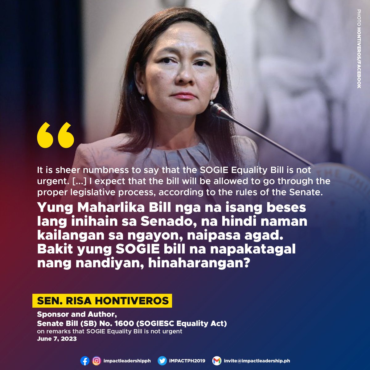 iMPACTPH2019's tweet photo. 'YUNG MAHARLIKA BILL NGA, NAIPASA AGAD. BAKIT YUNG SOGIE BILL HINAHARANGAN?

Sen. Risa Hontiveros, sponsor and author of Senate Bill (SB) No. 1600, says "it is sheer numbness to say that the #SOGIEEqualityBill is not urgent".

#PassSOGIEBillNow! ✊🏳️‍🌈

https://t.co/v2RRuGZ9A5 https://t.co/GDHHpCDLwr