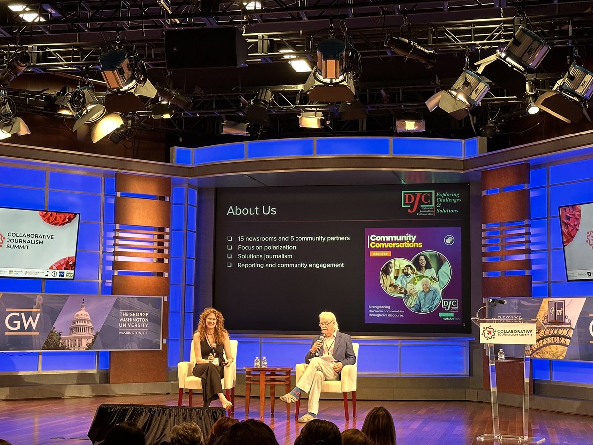 DEJournCollab's tweet image. @DelawareAllison and @DarelLaPrade talking about the exciting work and growth happening through #collaboration at @DEJournCollab and @LJIDelaware at #CJS2023 @CenterCoopMedia.