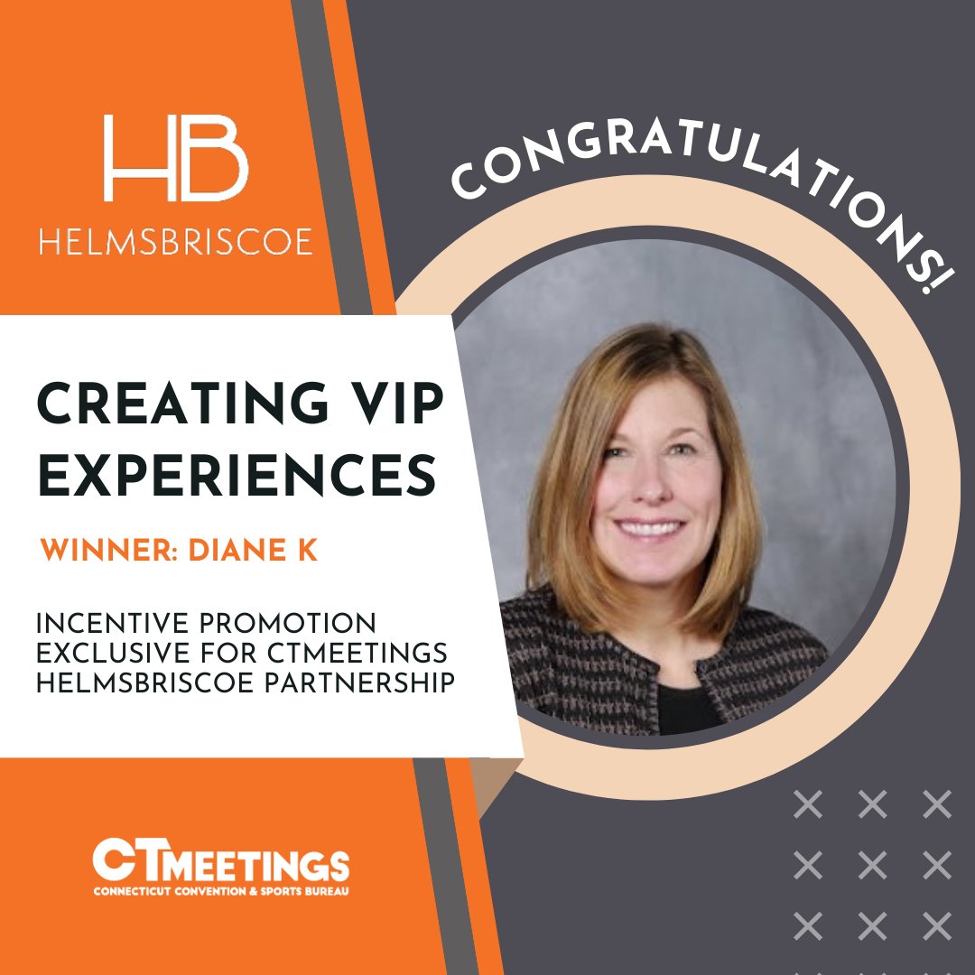 CTMEETINGS |Connecticut Convention & Sports Bureau (@ctmeetings) on Twitter photo CTMEETINGS is pleased to announce Dianne K. has won our 'Creating VIP Experiences' Incentive Program with <a href="/HelmsBriscoe/">HelmsBriscoe</a> 🎉 Diane helped to bring us a new qualified meeting to Middletown for this summer! Dianne won her choice of a 1 year membership with any Industry Organization. CTMEETINGS is pleased to announce Dianne K. has won our 'Creating VIP Experiences' Incentive Program with <a href="/HelmsBriscoe/">HelmsBriscoe</a> 🎉 Diane helped to bring us a new qualified meeting to Middletown for this summer! Dianne won her choice of a 1 year membership with any Industry Organization.