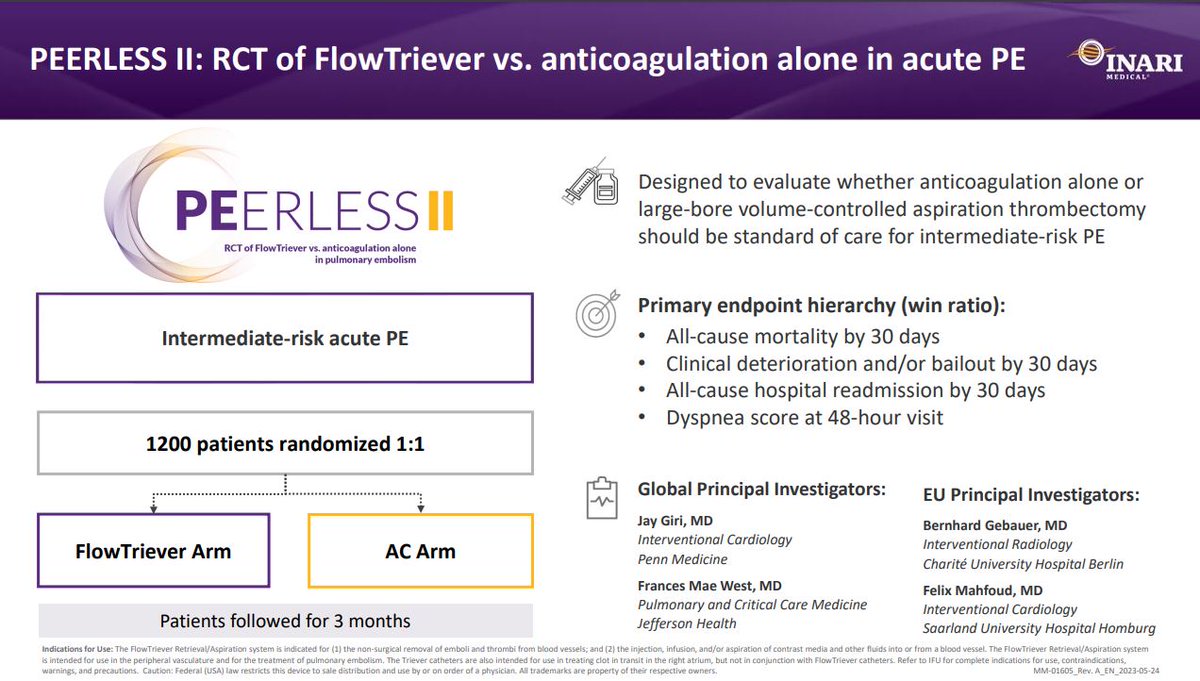 Inari Medical (@inarimedical) on Twitter photo We are proud to recognize PEERLESS II as our 3rd #RCT in #VTE. Across #PEERLESS & #PEERLESSII, Inari is now set to enroll over 1700 #PE RCT patients.
Thank you to the PEERLESS II Global PIs for your partnership & dedication to generating high quality clinical evidence: We are proud to recognize PEERLESS II as our 3rd #RCT in #VTE. Across #PEERLESS & #PEERLESSII, Inari is now set to enroll over 1700 #PE RCT patients.
Thank you to the PEERLESS II Global PIs for your partnership & dedication to generating high quality clinical evidence: