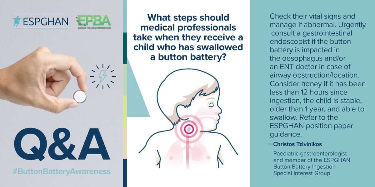 ESPGHANSociety's tweet image. ❓What steps should medical professionals take when they receive a child who has swallowed a #ButtonBattery?

#ButtonBatteryAwareness #MedTwitter #NeverAgain