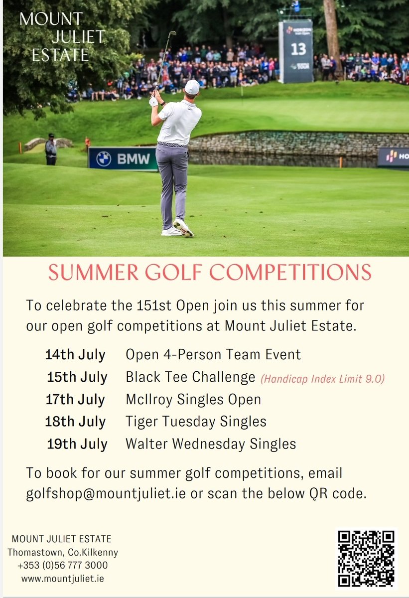 To Celebrate the 151st Open Championship we are hosting our own Opens here at Mount Juliet Estate! All available to book online!
 visitors.brsgolf.com/mountjuliet#/o…

#MountJulietEstate #MountJulietGolf #Golf #Ireland #HorizonIrishOpen #OpenGolf