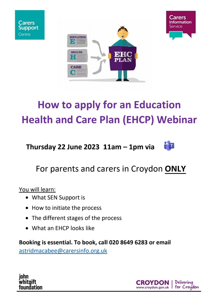 If you live in the Croydon area and would like advice, information, or support on EHCP's.  Croydon council will be having a webinar on 22.6.23. Book a space