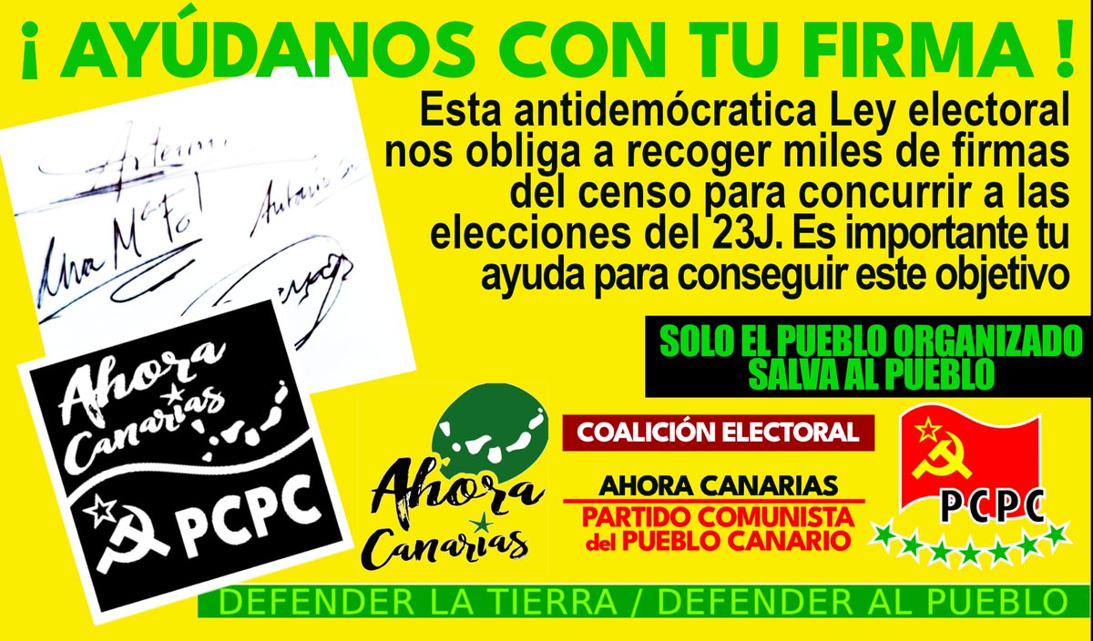 📣📣📣📣
Para colaborar en la recogida de firmas puedes ponerte en contacto con pcpcgrancanaria@pcpe.es, ó con el teléfono 615.666.583

Es preciso recoger firmas en todas las islas, y por ello animamos a colaborar para que la Coalición electoral
👇🏿
