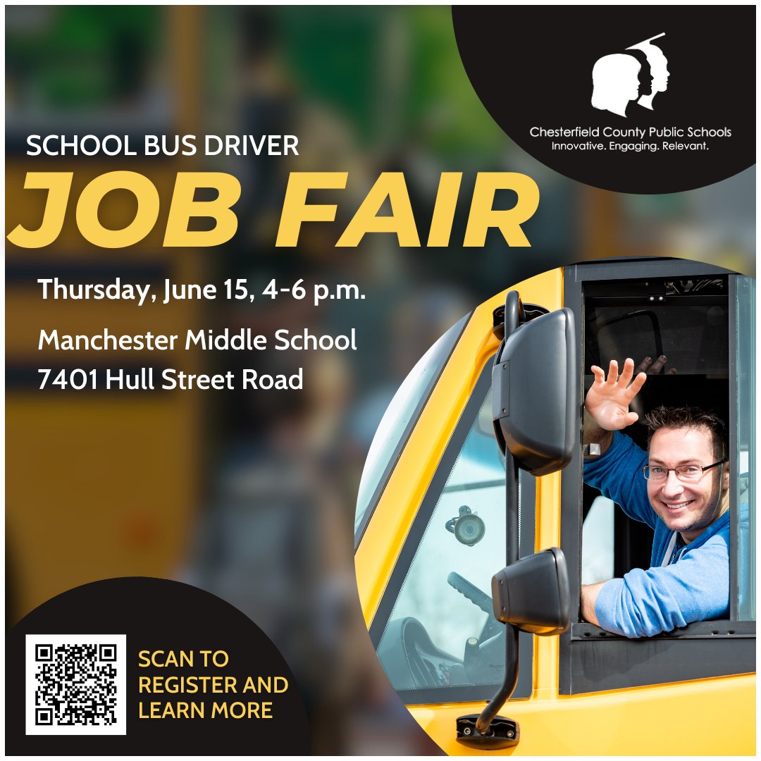 Drive a school bus and make a difference in your community. #OneCCPS is hiring school bus drivers at a job fair at 4 p.m. June 15 at Manchester Middle School, 7401 Hull Street Road. 
▪️ Registration is encouraged but not required at bit.ly/45aG2Zj.