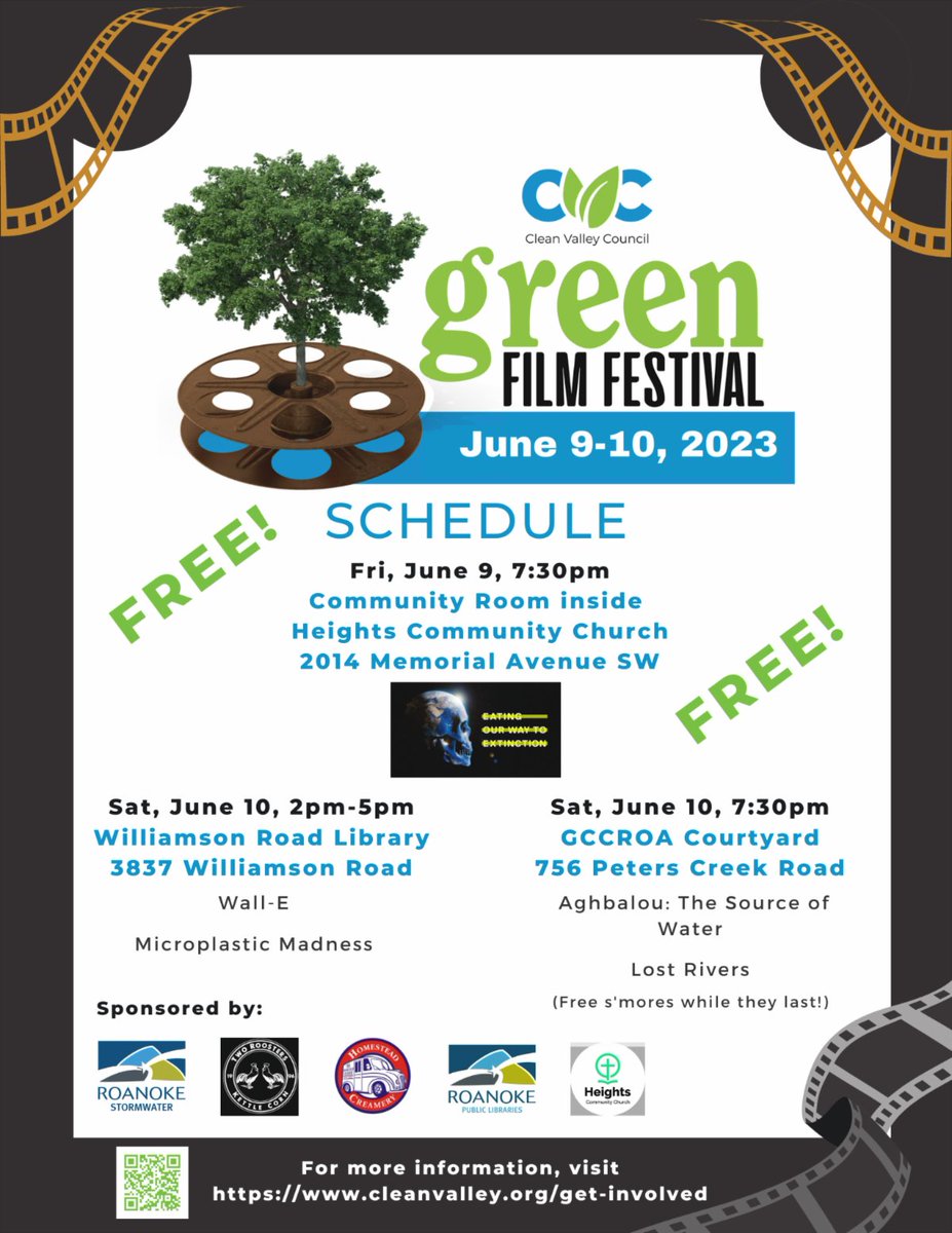 CleanValley's tweet image. Our FREE Green Film Festival is THIS WEEKEND! We'll be at the CVC offices inside Heights Community Church Friday night, Williamson Rd Library on Saturday afternoon, and GCCROA Saturday evening. For more info, visit our webpage: conta.cc/3MWTmtf