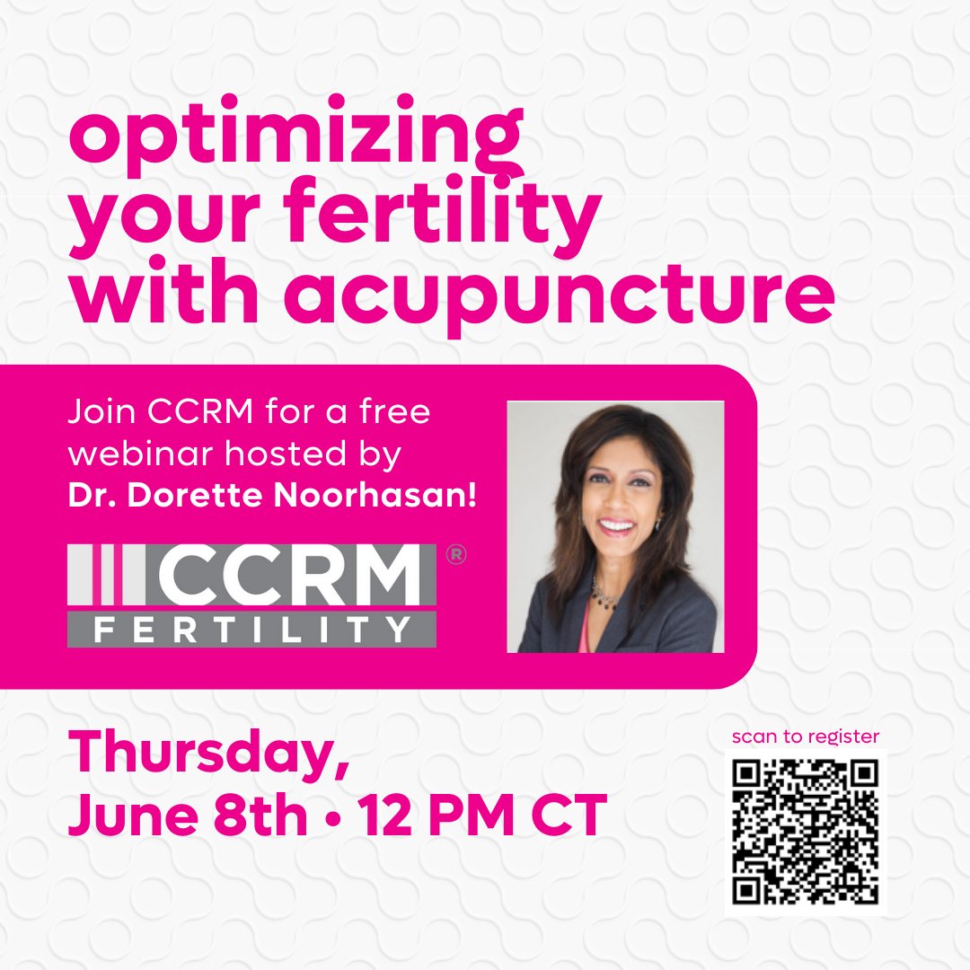 Join our provider CCRM for a free webinar discussing how acupuncture can support your fertility journey tomorrow, Thursday June 8th at 12pm CT. Scan the QR code to register. <a href="/CCRMfertility/">CCRM Fertility</a>