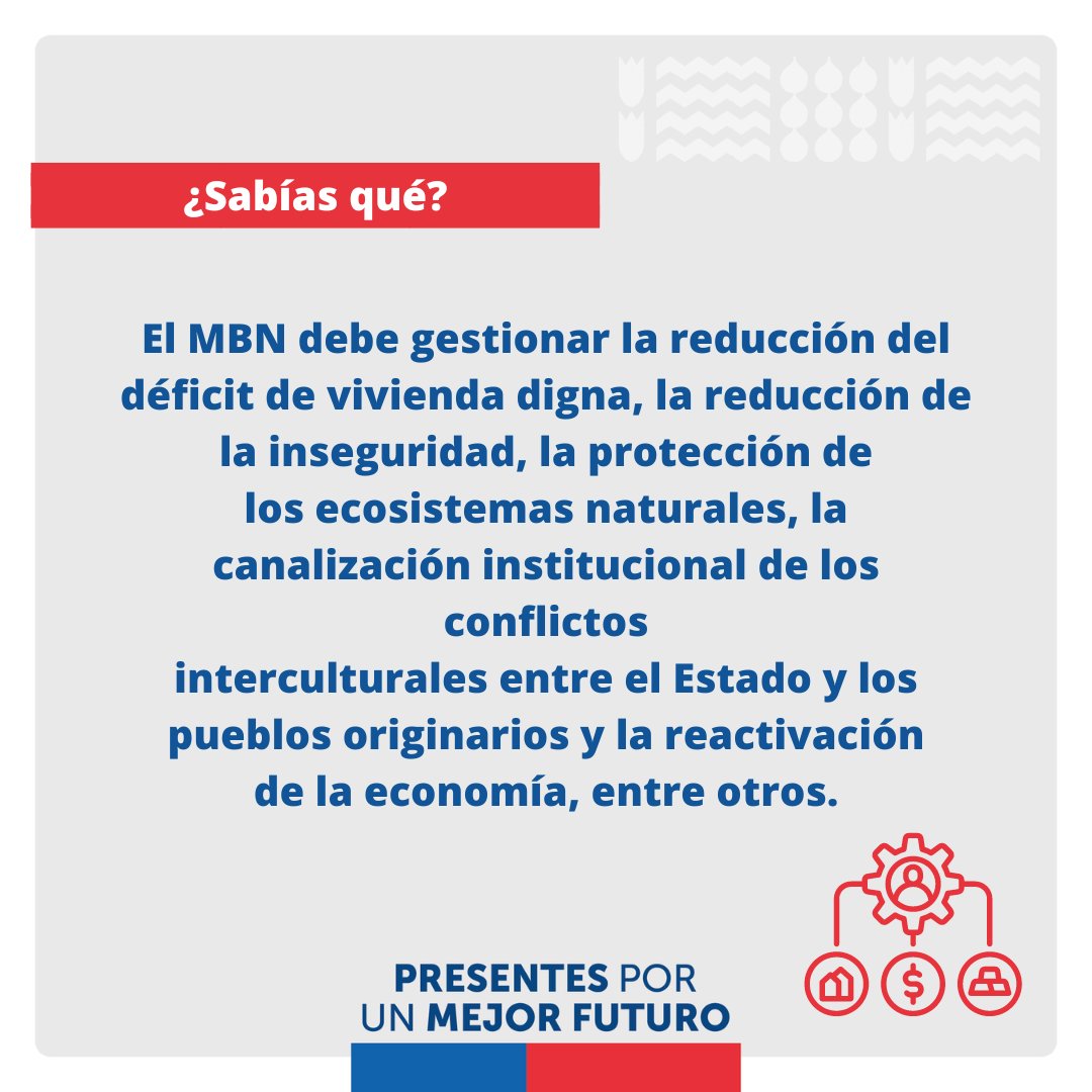 El MBN debe gestionar la reducción del déficit de vivienda digna, la reducción de la inseguridad, la protección de los ecosistemas naturales, la canalización institucional de los conflictos interculturales entre el Estado y los pueblos originarios, entre otros.
#BienesNacionales