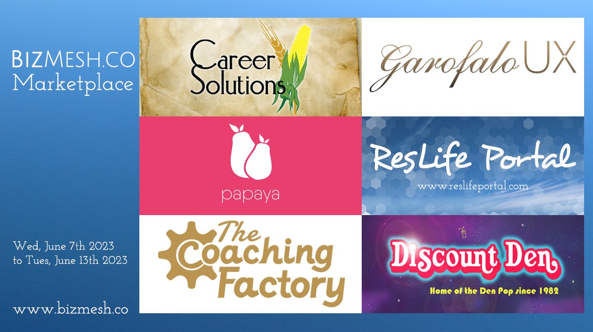 bizmesh's tweet photo. Weekly Marketplace! Check out Career Solutions Co., Garofalo UX, Papaya, ResLife Portal, The Coaching Factory, & Discount Den. https://t.co/8H9mdpg7EL #entreprenuer #entreprenuership #smallbiz #smallbusiness #BizMesh #MeshTogether #supportsmallbusinesses https://t.co/Mj2SSUemGo
