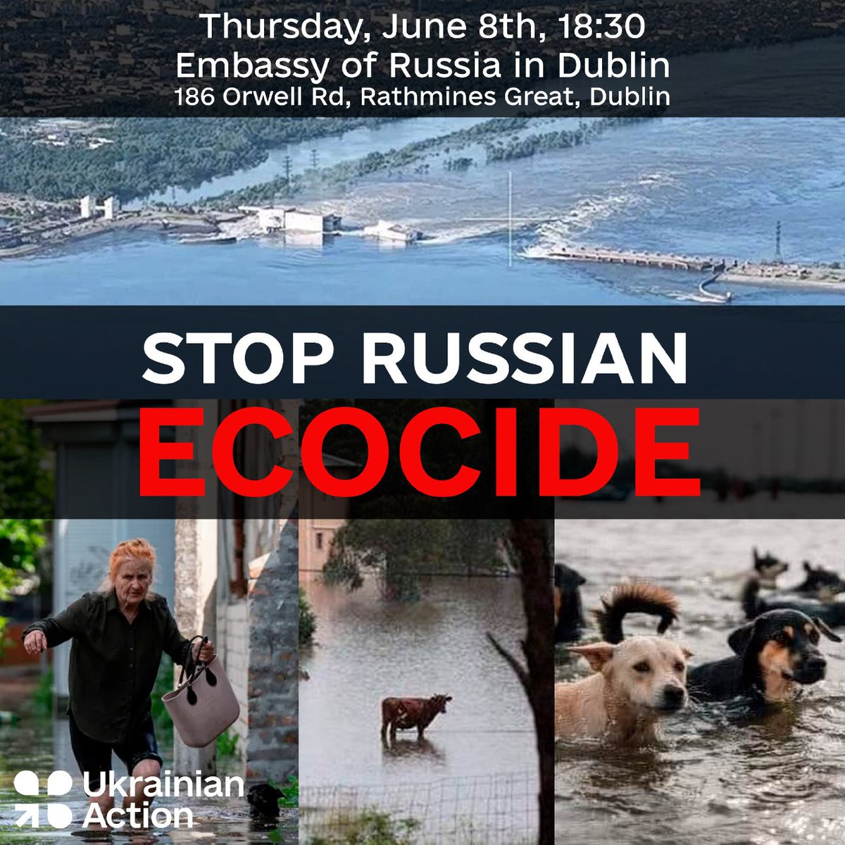 Another hideous #RussianWarCrime destroying #NovaKakhovka dam caused deaths, mass displacement and #ecocide 🙏 join us this Thu 18:30 by the Russian Embassy #Dublin Russia's crimes against nature and humanity won't be left unpunished! RT appreciated facebook.com/events/s/stop-…