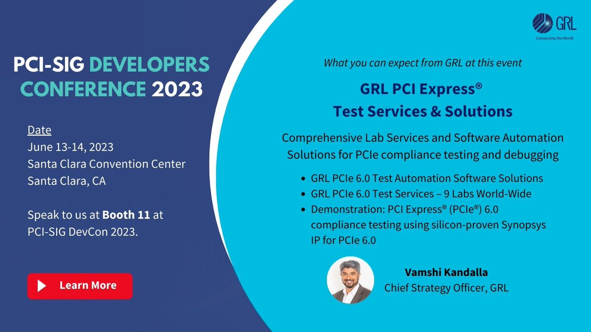 Granite River Labs is thrilled to be a Gold Sponsor at PCI-SIG Developers Conference 2023. Join us at Booth 11 to learn more about PCI Express® Test Services & Solutions!

Learn more: bit.ly/45JQXcJ

#EventsAtGRL #TestAutomation #Automation #PCISIG #DevCon