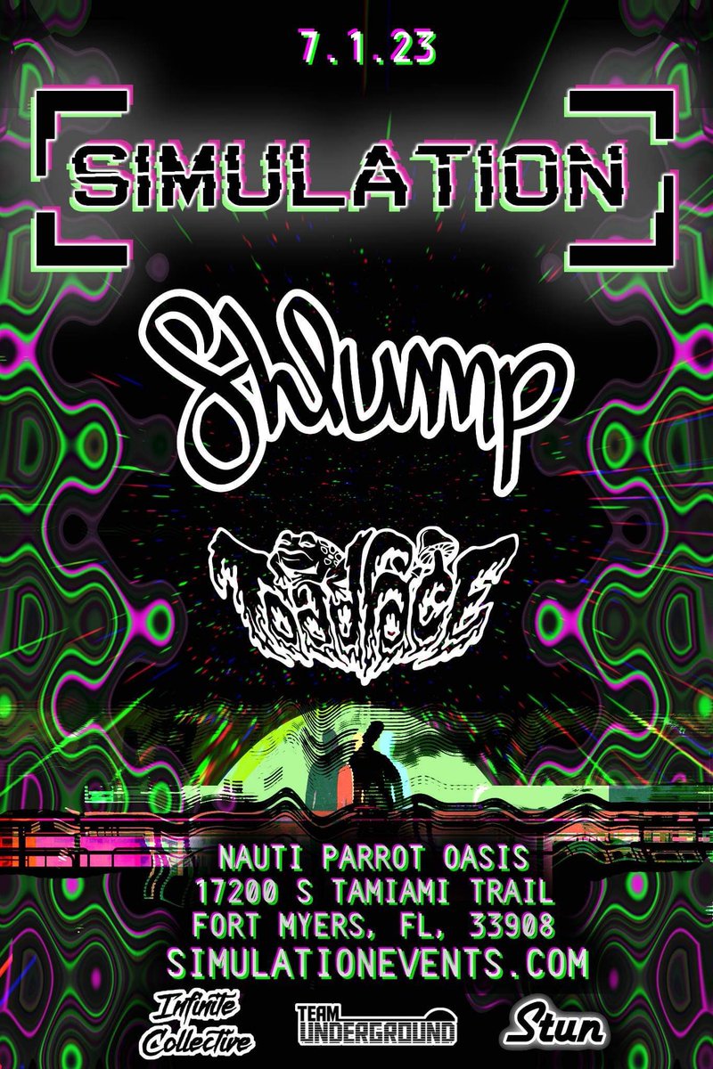 SimulationEvent's tweet photo. :// system_MESSAGE:
▪️[SIMULATION] alumni @shlumpbass returns with the sounds of @toadinyoface for another night of bass music on July 1st, 2023 at Nauti Parrot Oasis.

:// Location:
1700 S Tamiami Trail
Ft. Myers, FL, 33908

▪️don’t miss this transmission
https://t.co/YXlnpTN95R https://t.co/eH88Qf8Mmz