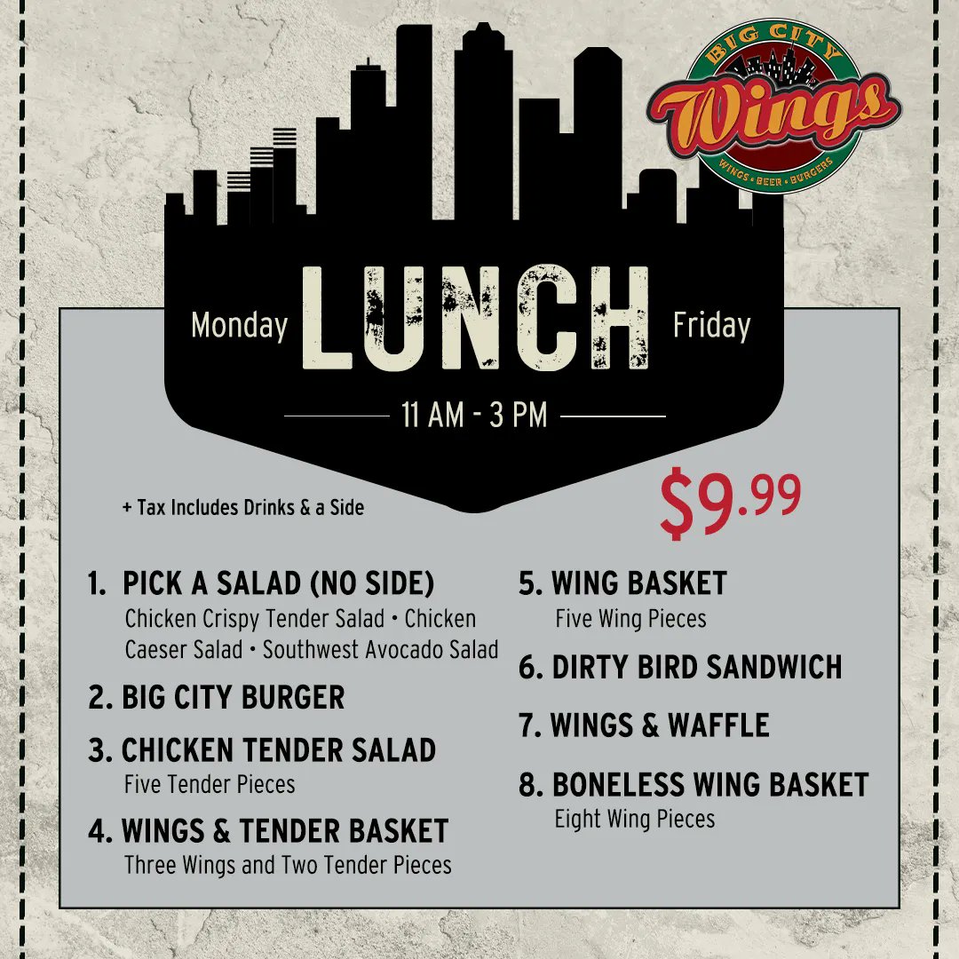 Lunch is always EXTRA special at Big City Wings🤩 $9.99 including a Beverage #BigCityWings #chickenwings #bonelesswings #lunchspecials