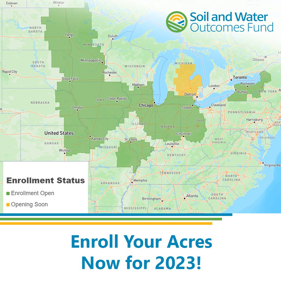 2023 Enrollment is now open in many areas for <a href="/OutcomesFund/">Soil and Water Outcomes Fund</a>! SWOF farmers earned an average of $34/acre in 2022 for implementing new on-farm conservation practices. Learn more &amp; enroll here: theoutcomesfund.com

#agtwitter #farm #notill #reducedtill #covercrops #croprotations