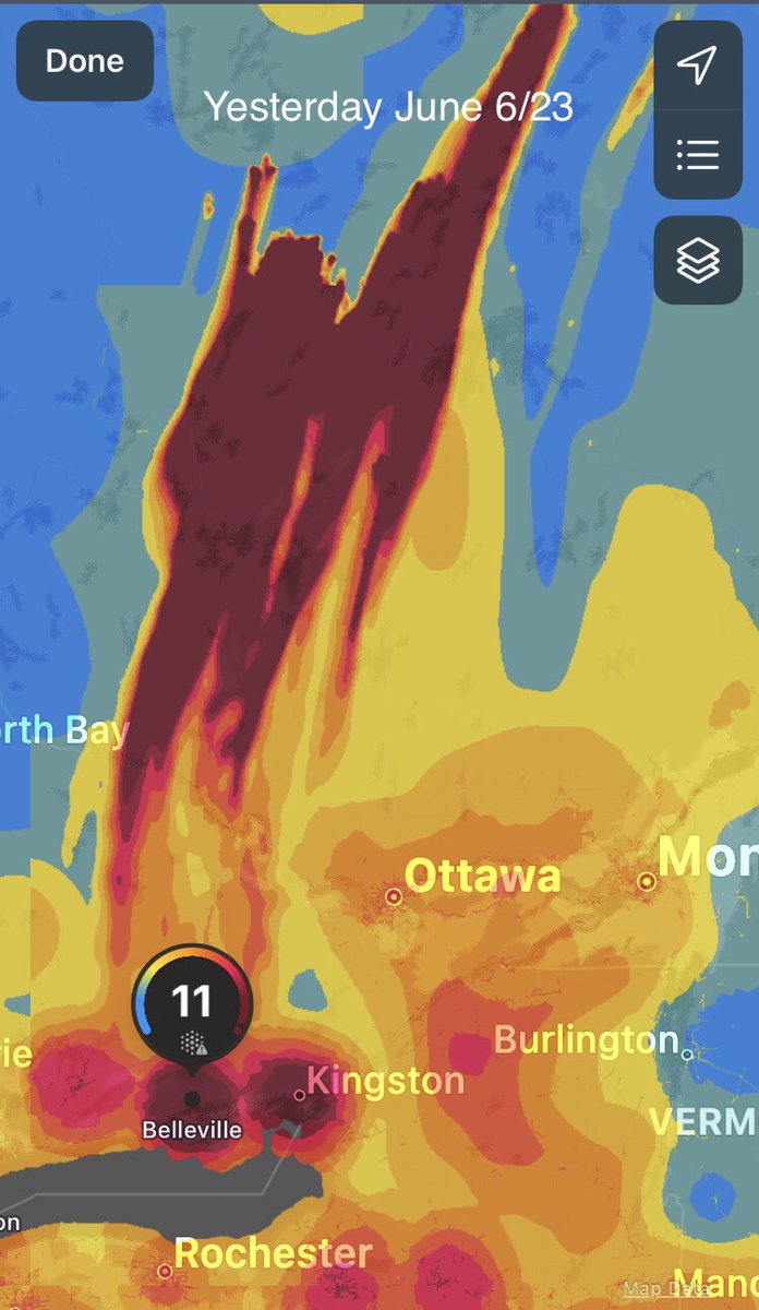 neurdygirl's tweet image. This is a comparison from yesterday to today and it’s not even past noon yet. #fires #AirQualityAlert #weatherapp #weather #wildfires #ontario #QuebecWildfires