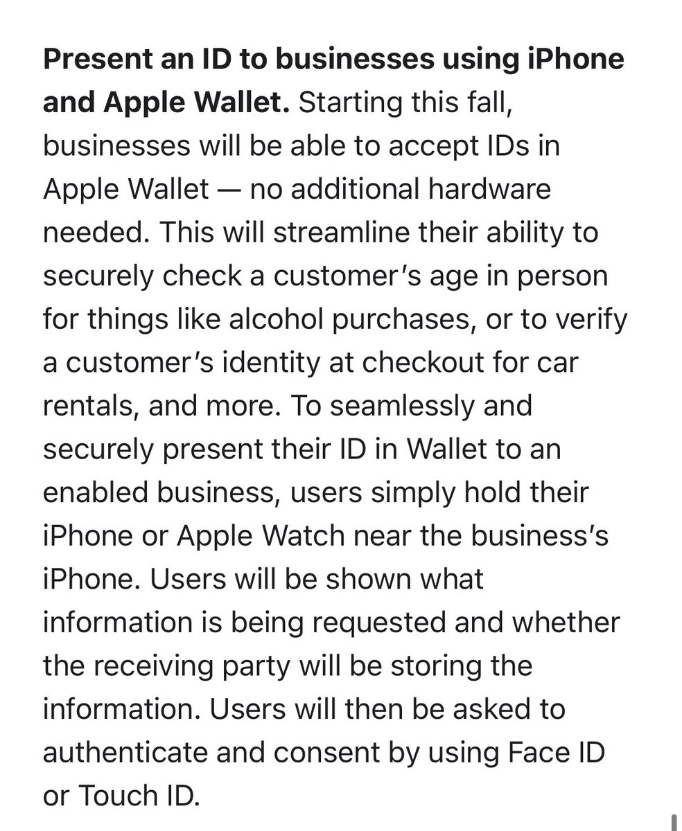 BrandonButch's tweet photo. You’ll soon be able to buy alcohol with just an iPhone 😳

Starting with iOS 17, businesses will accept IDs stored in Apple Wallet.

No additional hardware needed, no physical wallet needed. 🔥 https://t.co/kDX3PIPP0f