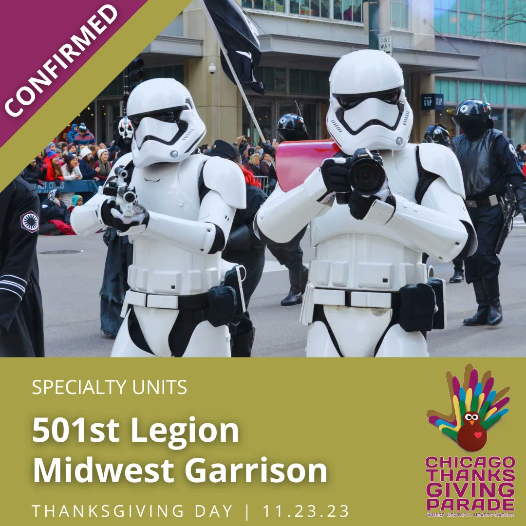 ChiParade's tweet photo. Hold on to your lightsabers, Chicago! This Thanksgiving, we're going to a galaxy far, far away with the 501st Legion Midwest Garrison joining our parade. Their screen-accurate costumes & love for Star Wars impresses us year after year!
#ChiParade #501stLegionMidwestGarrison https://t.co/7kqDk859wc