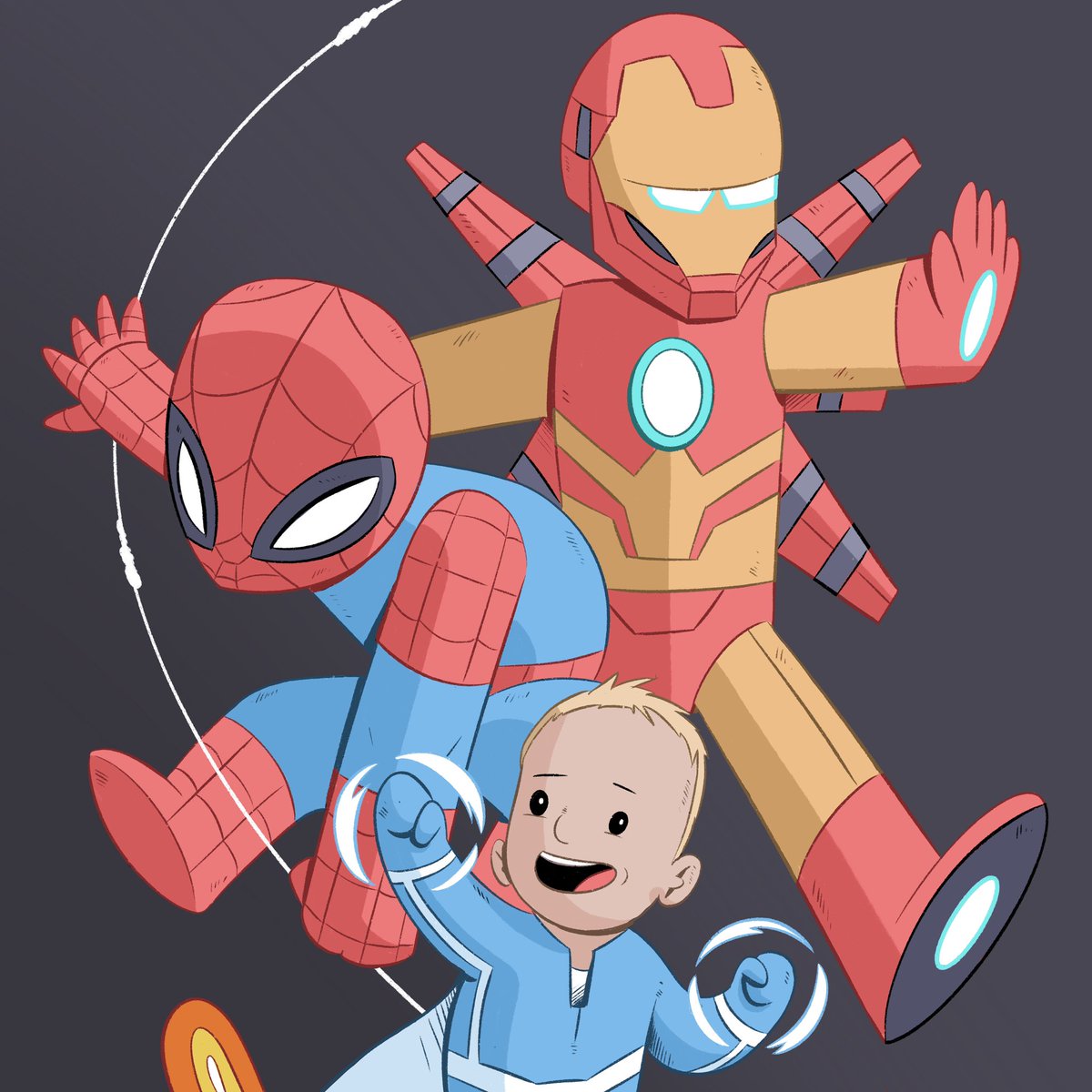 A quick commission of a kid with a couple of his favourite superheroes. Another good excuse to practice drawing people 🦸‍♂️

#childrensillustration #childrensartist #artcommission #characterdesign #superheroart