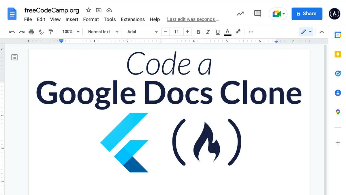 Want to practice your coding skills? Try building a Google Docs clone.

In this course you'll use Flutter, Node, Express, & other fun tools to create the project.

Your app will have authentication, state persistence, autosave, & more. Find it on freeCodeCamp's YouTube channel.