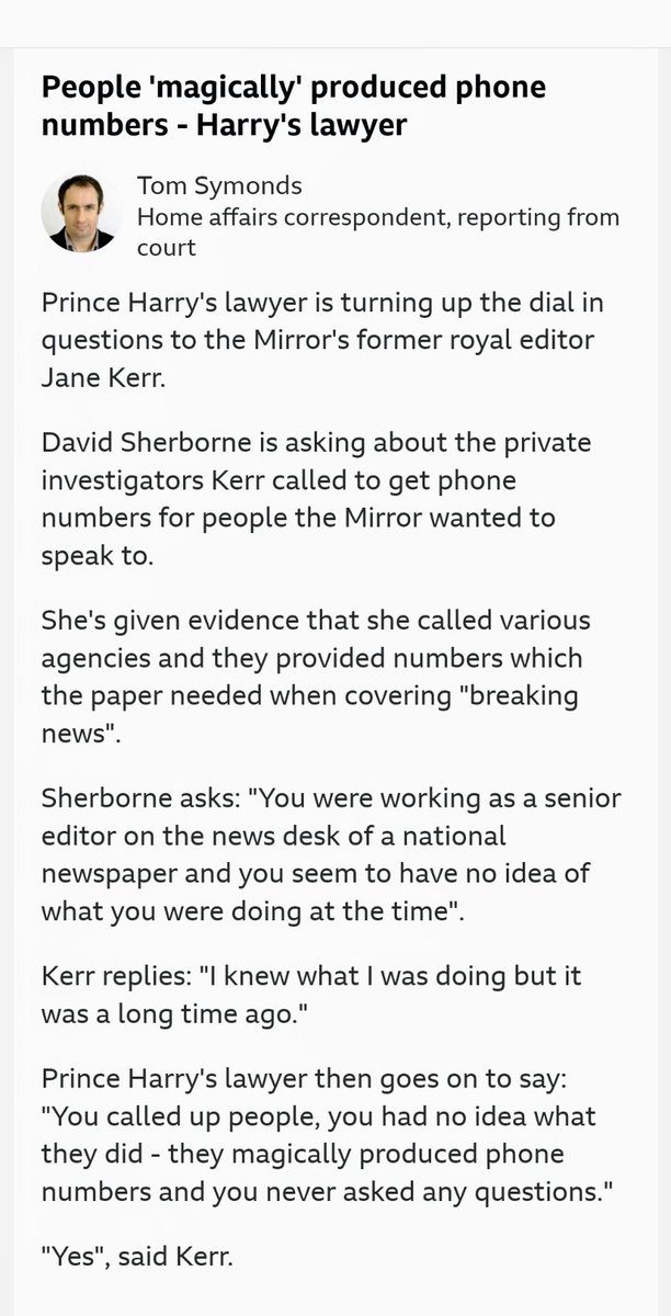 Kerinleigh_'s tweet photo. Jane Kerr 
Ex mirror editor said she doesn't know how she got the phone numbers 
Regarding the phone hacking court case.  
That's convenient. 

David Sherborne isn't convinced. 
 
#Harry #Harryincourt #phonehacking https://t.co/rczm5sFTNX