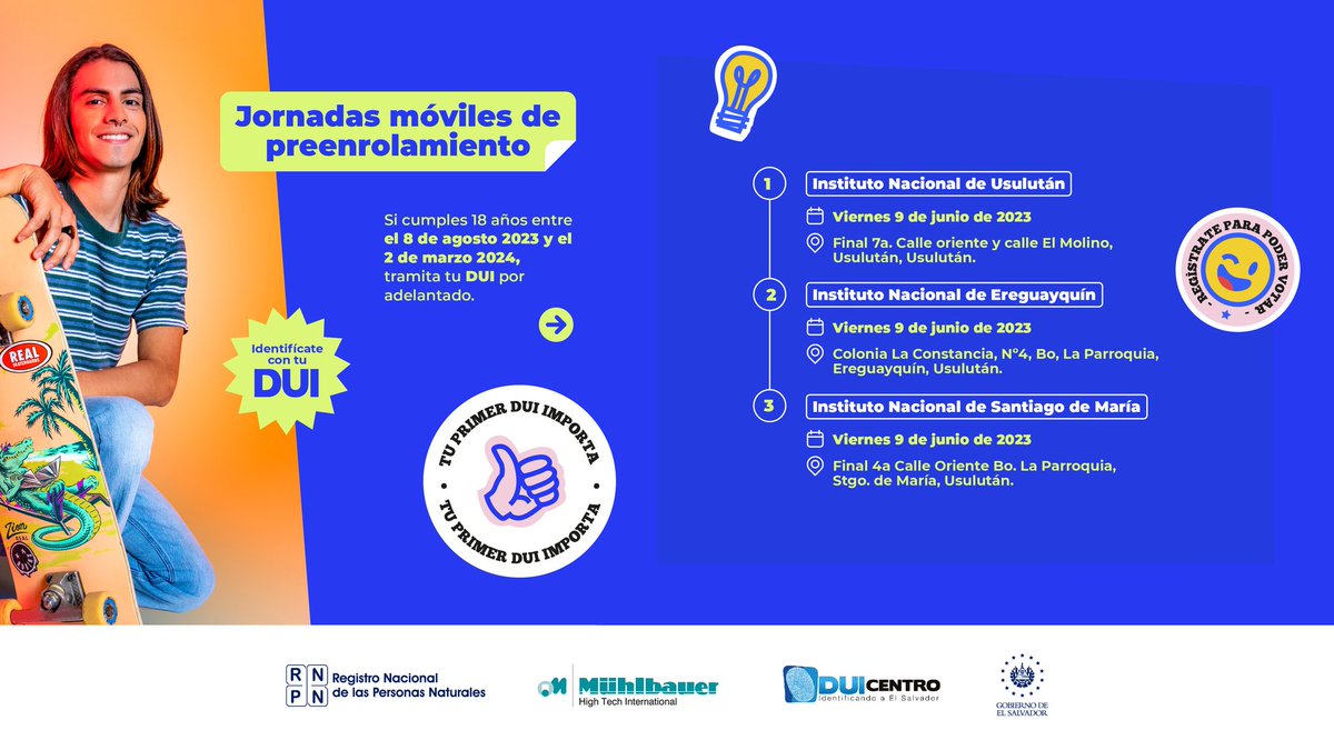 rnpn_sv's tweet photo. #Seguimos 👊
Este viernes 9 de junio estaremos preenrolando a jóvenes de los siguientes Institutos educativos. ⬇️
#PrimerDUI #Identifícate 🪪
📲 https://t.co/5dItX69C1b https://t.co/0ShtgktT6l