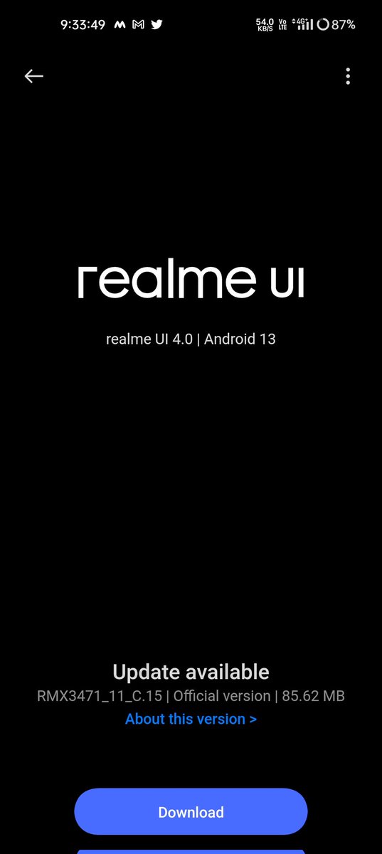 TechKard's tweet photo. Received new software update in my Realme 9 Pro 5G.
Update size : 85.62
● Improved system performance.
● Fixed some known issues to improve system stability.
#Realme #Realme9Pro #Realme9Pro5G @realmeIndia https://t.co/SO1xKCGnJv