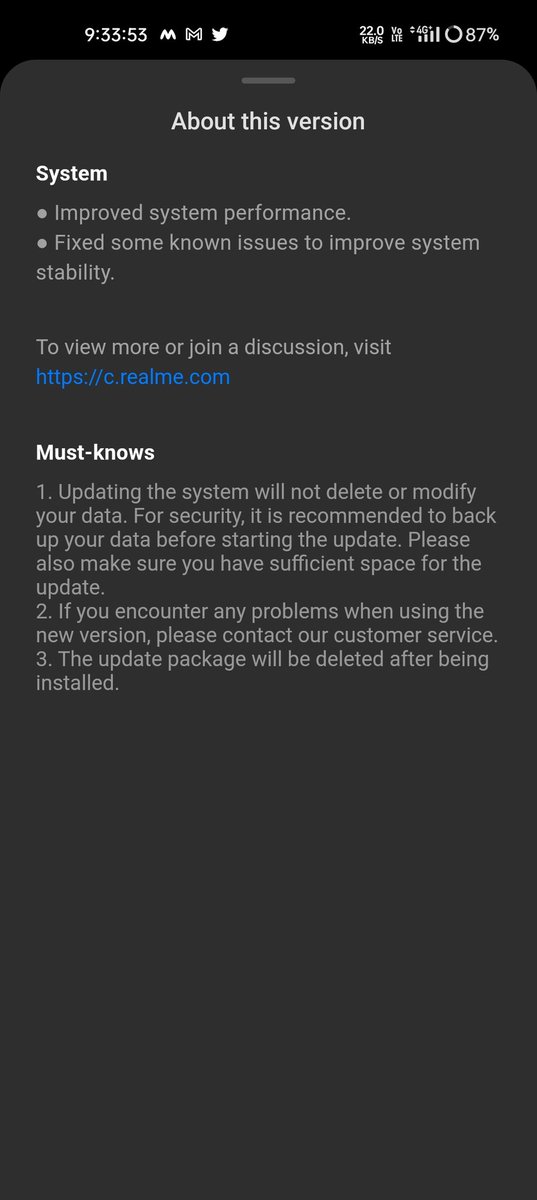TechKard's tweet photo. Received new software update in my Realme 9 Pro 5G.
Update size : 85.62
● Improved system performance.
● Fixed some known issues to improve system stability.
#Realme #Realme9Pro #Realme9Pro5G @realmeIndia https://t.co/SO1xKCGnJv