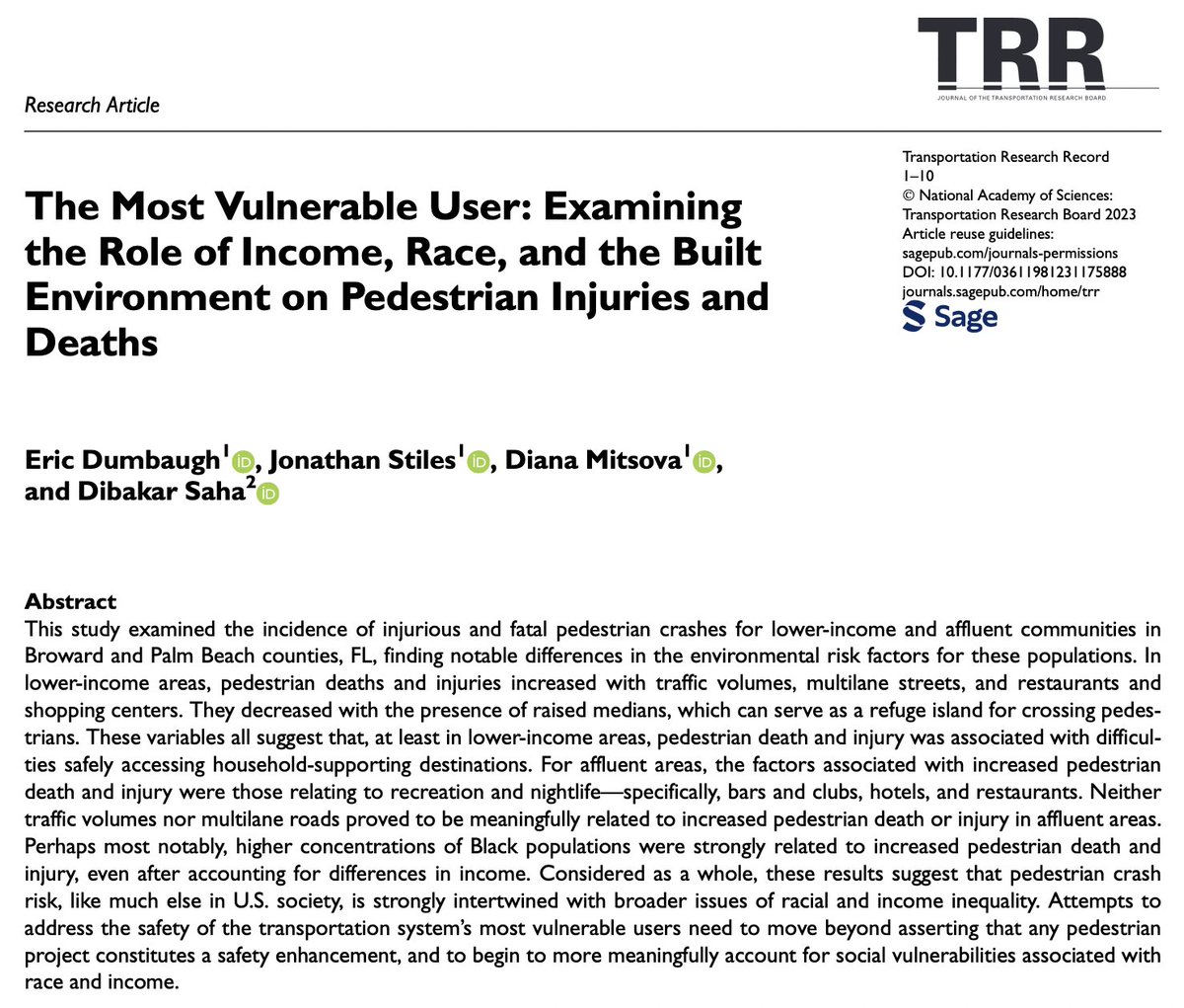 New paper with @FAU_Planning colleagues deepens understandings of vulnerable users in transport safety planning, showing how pedestrian crash risk is intertwined with racial and income inequality: doi.org/10.1177/036119…