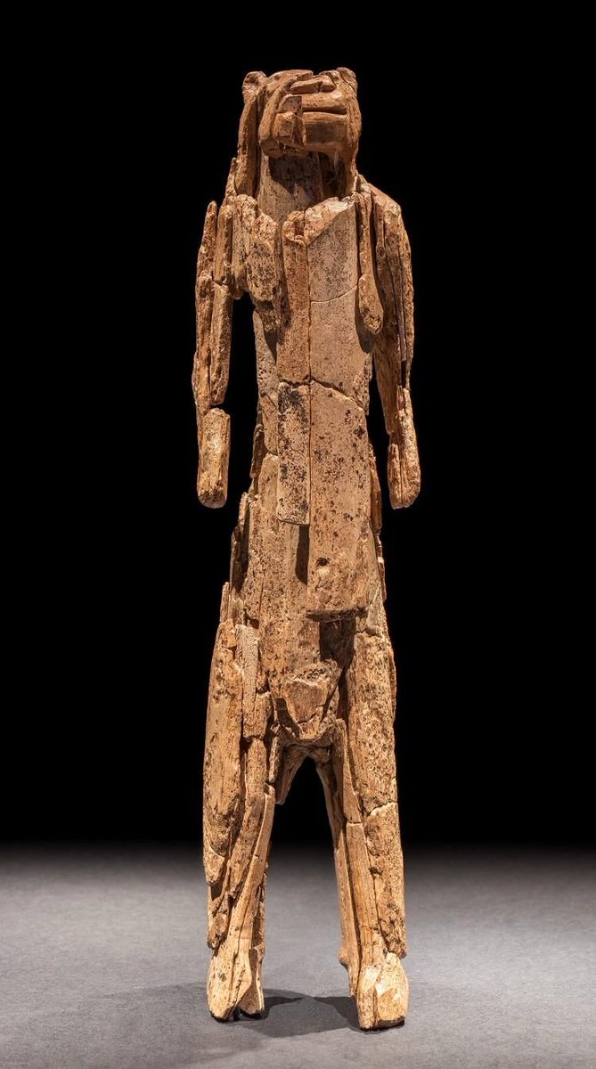 JustHistoryPost's tweet image. The Löwenmensch figurine, also known as the Lion Man, made between 35,000 and 41,000 years ago. Measuring 31cm high it was carved from mammoth ivory using flint tools and would have taken 100s of hours. It is the oldest known statue in the world @museum_ulm #ancient #history