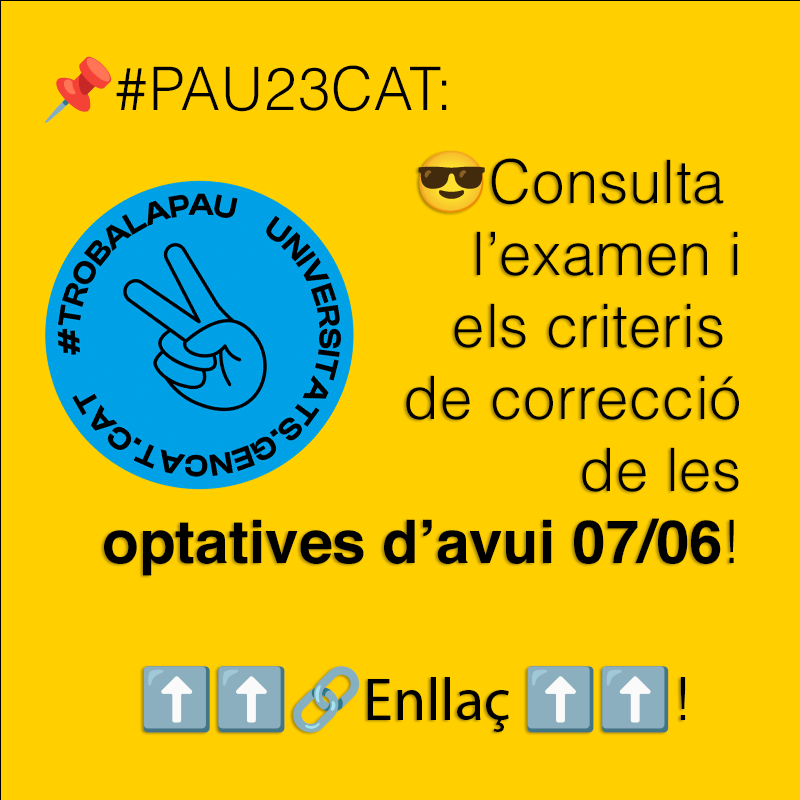 🔴 Atenció, alumnes que feu la #PAU23CAT🔴

📋 Ja podeu consultar els enunciats i els criteris de correcció de:
📖 Anàlisi musical
📖 Ciències de la terra i medi ambient
📖 Cultura audiovisual
📖 Física
📖 Geografia 

a #CanalUniversitats
 🔗 gen.cat/examensPAU23