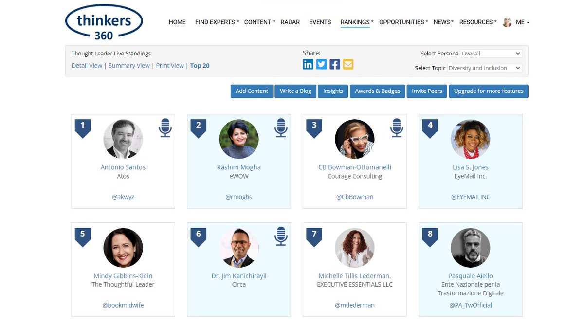 #Diversity  and #Inclusion Thought Leader &amp; Influencer Leaderboard (Live)

To view or participate (free)  thinkers360.com/tl/users/signup

Feat.<a href="/AkwyZ/">Antonio Vieira Santos</a> <a href="/rmogha/">Rashim Mogha (She/Her)</a> <a href="/CbBowman/">Courage to Leap & Lead</a> <a href="/EYEMAILINC/">EyeMail Inc.</a> <a href="/bookmidwife/">Mindy Gibbins-Klein</a> <a href="/KamLardi/">Kamales Lardi #DigitalTransformation #neuroscience</a> <a href="/CreativeInv/">Creative Investment Research</a> +

#Business #Technology #Thoughtleadership