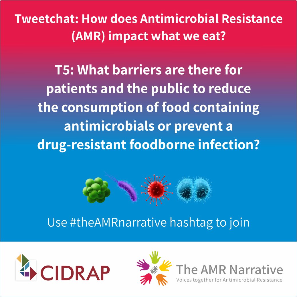 T5: What barriers are there for patients and the public to reduce the consumption of food containing antimicrobials or prevent a drug-resistant foodborne infection? 

#theAMRnarrative 

#FoodSafety #FoodSafetyDay
