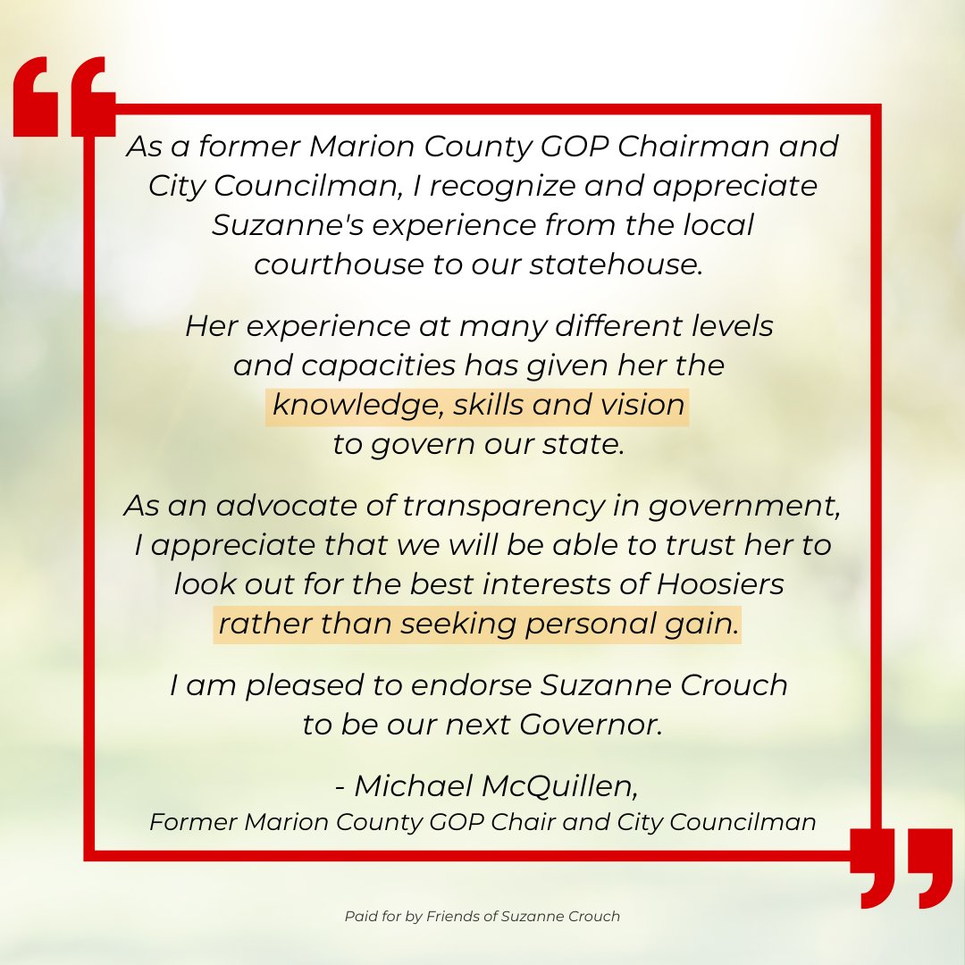 Suzanne_Crouch's tweet photo. Thank you, @mike_mcquillen, for your endorsement! 

I share your commitment to transparency and assure you that, as Governor, I will continue doing everything I can to serve the best interests of Hoosiers. https://t.co/eJNkv9BUc2