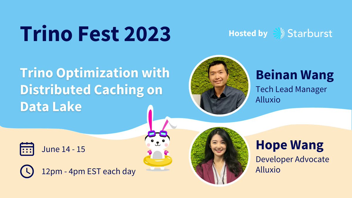 Alluxio's tweet image. Look out for Alluxio’s @troyawang (Tech Lead Manager) &amp;amp; Hope Wang (Developer Advocate) at #TrinoFest on June 14-15! Learn about the challenges #TrinoDB users &amp;amp; developers are facing, such as slow #query #performance &amp;amp; high #S3 #API costs. 

Register now: buff.ly/3qqRsZ6