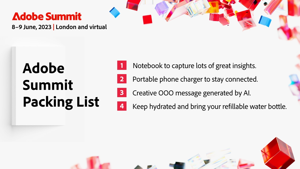 The wait is almost over! #AdobeSummitEMEA, the ✨ultimate digital experience conference✨, is one day away! Join us tomorrow at 10am BST for a full day of inspiring keynotes and sessions.  We've prepared a packing list for those last minute essentials💼. adobe.ly/3l1SPdH