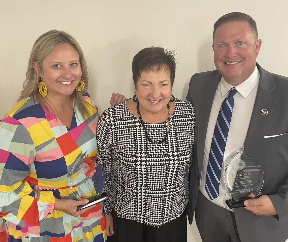 Congrats to <a href="/kycamron1/">Jeremy Camron</a> and <a href="/SarahVivian1978/">Sarah Y Vivian</a> on receiving the David Karem award from the <a href="/KyDeptofEd/">KY Dept of Education</a> for their work on legislative policy! Their advocacy expanded GED options for students in alternative schools across KY! We are proud partners with these exceptional leaders!
