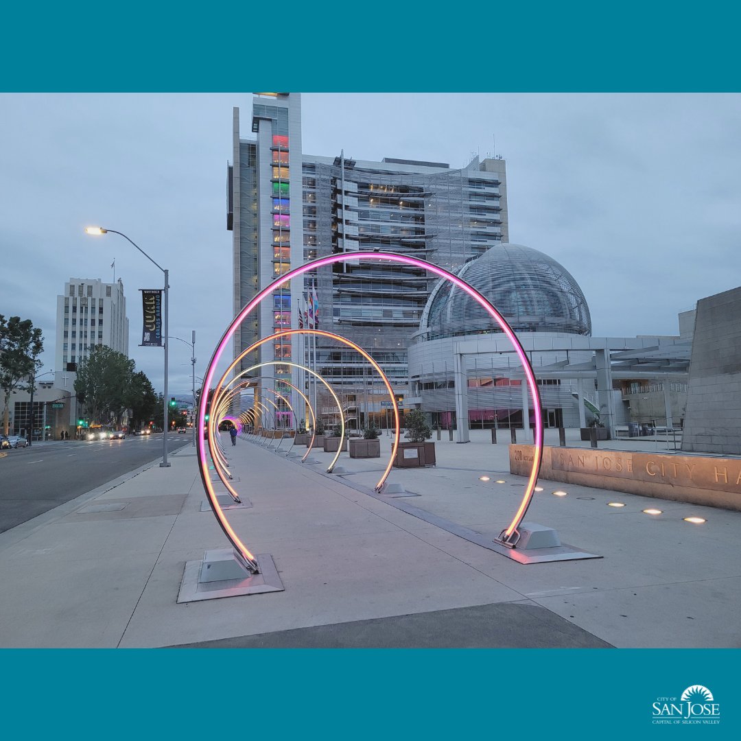 CityofSanJose's tweet photo. In celebration of #PrideMonth, San José City Hall and Sonic Runway were lit in the colors of the rainbow last night following the Pride flag raising.

📷@sjeconomy @sanjoseculture https://t.co/aSrVwIfqTb