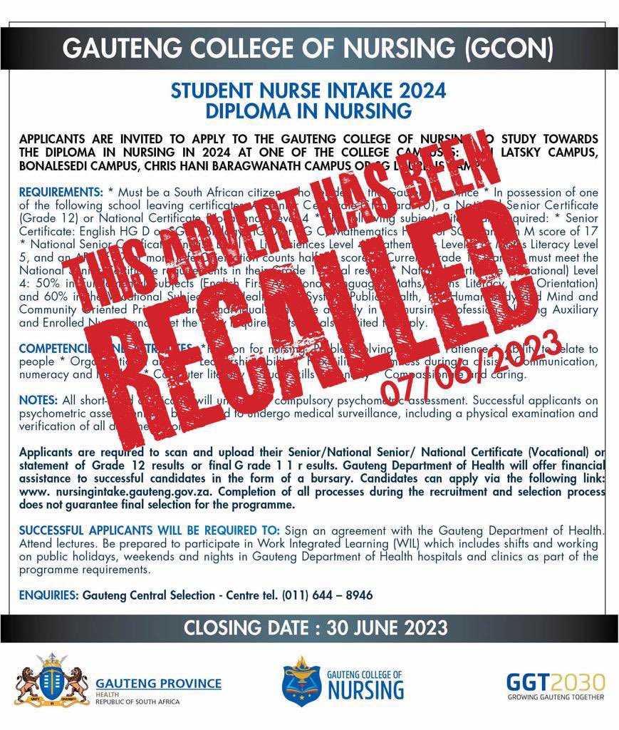 PUBLIC ANNOUNCEMENT: The Gauteng Department of Health wishes to inform the public the advert for the 2024 student nursing intake has been recalled. The final advert will be shared in due course.