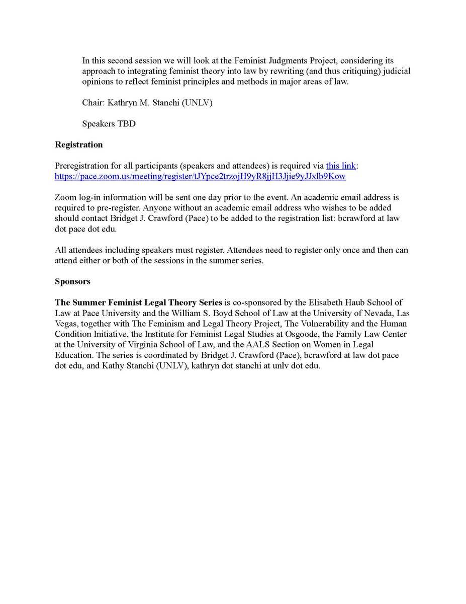 📷

2023 VIRTUAL SUMMER FEMINIST LEGAL THEORY SERIES "Looking Back/Looking Forward: The Significance of Feminist Legal Theory"
June 28 &amp; Aug 2, 2023. Pre-registration required pace.zoom.us/meeting/regist…
Zoom link to be provided 1 day prior to event