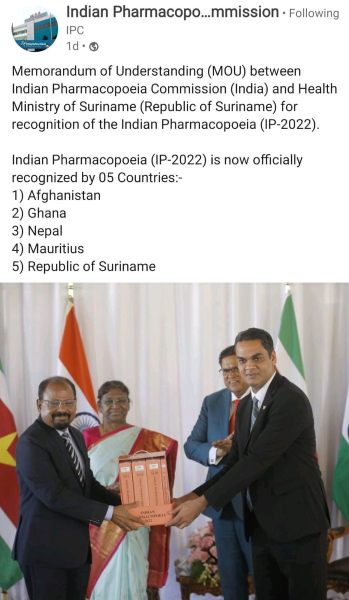 IDMA salutes Her Excellency Hon President of India, congratulates Hon Minister Dr Mandaviya ji for his guidance for recognition of Indian Pharmacopeia by five esteemed Nations  <a href="/PMOIndia/">PMO India</a> <a href="/mansukhmandviya/">Dr Mansukh Mandaviya</a> @pharmadept <a href="/nppa_india/">NPPA~India🇮🇳</a> <a href="/MoHFW_INDIA/">Ministry of Health</a>  @IPC_Ghaziabad
