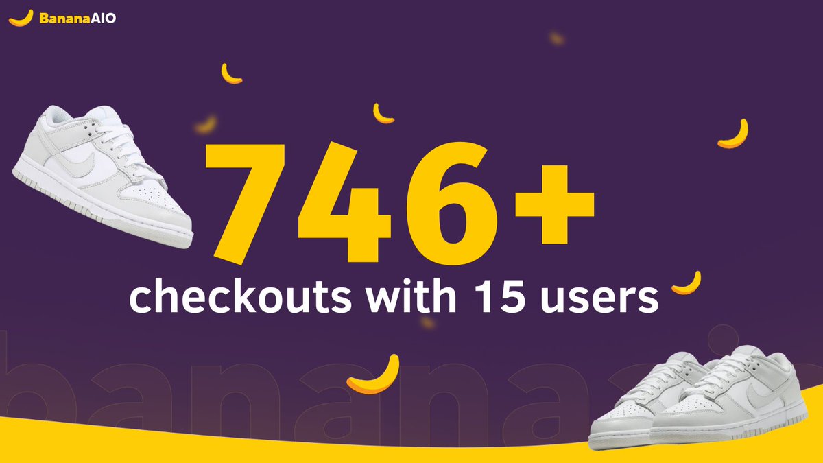 BananaAIO users dominated once again on the Dunk Low Photon Dust release yesterday.🍌 With only 15 users running, we managed to secure over 746 pairs, averaging 50 pairs per user. Like + RT this post for a chance to win a free key in dm🍀